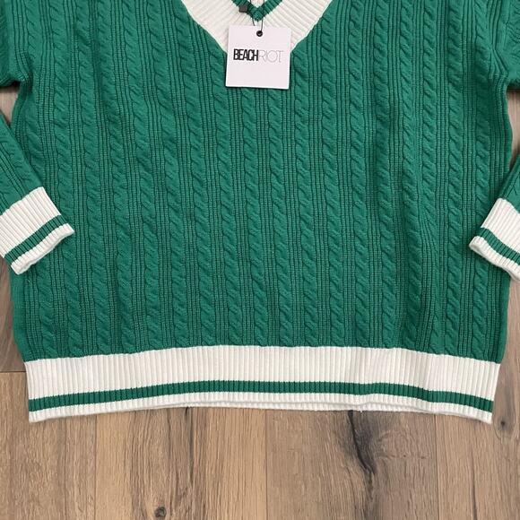 NEW BEACH RIOT Size XL Montana Sweater Green White Cable Knit V Neck Cozy Knit - Picture 5 of 9